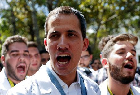 Venezuelan opposition leader and self-proclaimed interim president Juan Guaido takes part in a protest against Venezuelan President Nicolas Maduro's government outside a hospital in Caracas, Venezuela, January 30, 2019. PHOTO BY REUTERS/Carlos Garcia Rawlins