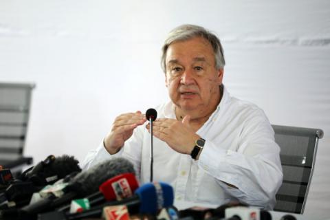 U.N. Secretary General Antonio Guterres attends a press briefing at the Kutupalong refugee camp in Cox’s Bazar, Bangladesh, July 2, 2018. PHOTO BY REUTERS/Mohammad Ponir Hossain