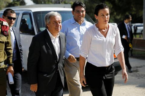 U.N. Secretary General Antonio Guterres is accompanied by Israel's Ambassador to the U.N. Danny Danon as he arrives to visit to a military operations room in Kibbutz Nahal Oz, just outside the Gaza strip, in southern Israel, August 30, 2017. PHOTO BY REUTERS/Amir Cohen