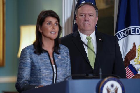 U.S. Ambassador to the United Nations Nikki Haley delivers remarks to the press together with U.S. Secretary of State Mike Pompeo, announcing the U.S.'s withdrawal from the U.N's Human Rights Council at the Department of State in Washington, U.S., June 19, 2018. PHOTO BY REUTERS/Toya Sarno Jordan
