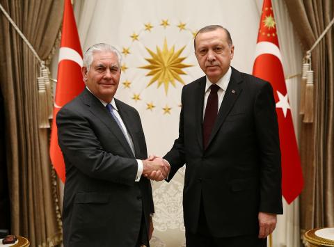 Turkish President Tayyip Erdogan meets U.S. Secretary of State Rex Tillerson in Ankara, Turkey, February 15, 2018. PHOTO BY REUTERS/Kayhan Ozer/Presidential Palace