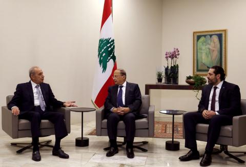 Lebanese Parliament Speaker Nabih Berri, Lebanon's President Michel Aoun and Prime Minister-designate Saad al-Hariri meet ahead of a new government announcement at the presidential palace in Baabda, Lebanon, January 31, 2019. PHOTO BY REUTERS/Mohamed Azakir