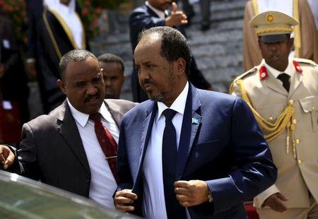 Somalia's President Hassan Sheikh Mohamud (C) walks out after attending Sudan's President Omar Hassan al-Bashir (not pictured) inauguration ceremony at National Assembly in Omdurman, June 2, 2015. PHOTO BY REUTERS/Mohamed Nureldin Abdallah