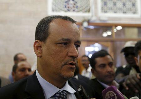 United Nations envoy to Yemen Ismail Ould Cheikh Ahmed talks to reporters upon arrival at the international airport of Sanaa, Yemen, May 29, 2015. PHOTO BY REUTERS/Khaled Abdullah