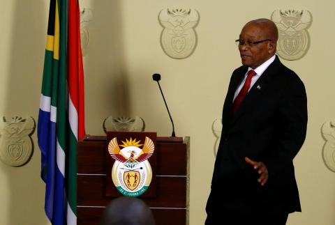 South Africa's President Jacob Zuma arrives to speak at the Union Buildings in Pretoria, South Africa, February 14, 2018. PHOTO BY REUTERS/Siphiwe Sibeko