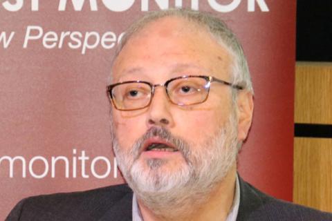 Saudi dissident Jamal Khashoggi speaks at an event hosted by Middle East Monitor in London, Britain, Sept. 29, 2018. PHOTO BY REUTERS/Middle East Monitor