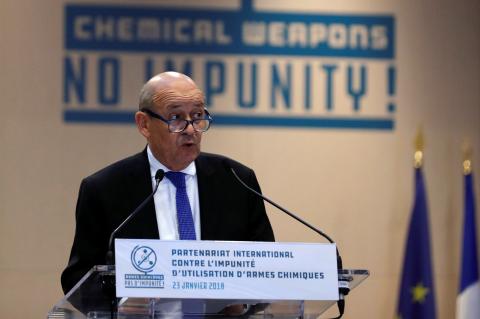 French Foreign Affairs Minister Jean-Yves Le Drian delivers a speech during a foreign ministers’ meeting on the International Partnership against Impunity for the Use of Chemical Weapons, in Paris, France, January 23, 2018. PHOTO BY REUTERS/Philippe Wojazer