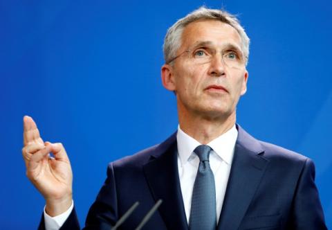 NATO Secretary-General Jens Stoltenberg gestures at a news conference with German Chancellor Angela Merkel (not pictured) in the German Chancellery in Berlin, Germany, June 15, 2018. PHOTO BY REUTERS/Michele Tantussi
