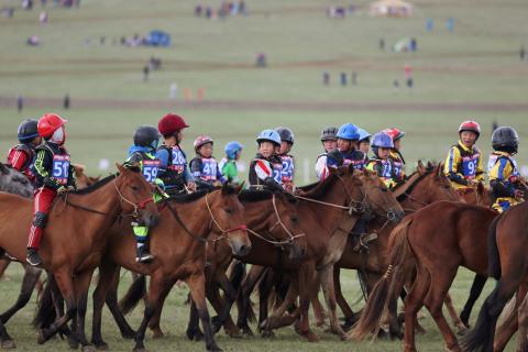 Uyach, or horse trainers, look to the check up points for their horses and jockeys at the Mongolian traditional Naadam festival, on the outskirts of Ulaanbaatar, Mongolia, July 11, 2018. PHOTO BY REUTERS/B. Rentsendorj