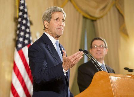 U.S. Secretary of State John Kerry (L) and Cuba's Foreign Minister Bruno Rodriguez hold a joint news conference in Havana, Cuba, August 14, 2015. PHOTO BY REUTERS/Pablo Martinez Monsivais