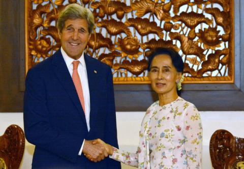 U.S. Secretary of State John Kerry shakes hands with Myanmar’s Foreign Minister Aung San Suu Kyi during a meeting in Naypyitaw, Myanmar, Sunday, May 22, 2016. PHOTO BY REUTERS/Aung Shine Oo