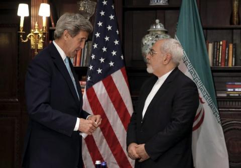 U.S. Secretary of State John Kerry (L) meets with Iran's Foreign Minister Mohammad Javad Zarif in Manhattan, New York City, U.S., April 22, 2016. PHOTO BY REUTERS/Brendan McDermid