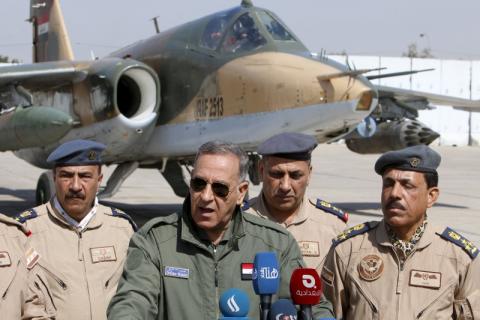 Iraqi Defence Minister Khaled al-Obeidi speaks during a news conference at an air base in Baghdad, March 26, 2015. PHOTO BY REUTERS/Khalid al-Mousily
