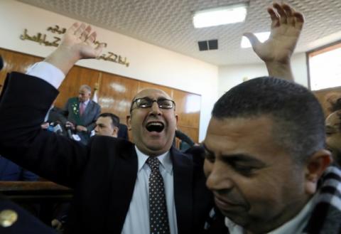 Egyptian lawyer and ex-Presidential candidate Khaled Ali shouts slogans inside the State Council courthouse after a ruling against the Egypt-Saudi border demarcation agreement, in Cairo, Egypt, January 16, 2017. PHOTO BY REUTERS/Mohamed Abd El Ghany