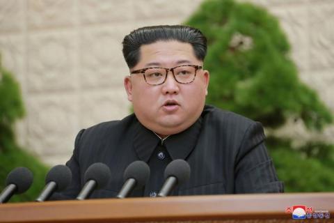 North Korean leader Kim Jong Un speaks during the Third Plenary Meeting of the Seventh Central Committee of the Workers' Party of Korea (WPK), in this photo released by North Korea's Korean Central News Agency (KCNA) in Pyongyang on April 20, 2018. PHOTO BY REUTERS/KCNA