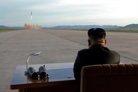 North Korean leader Kim Jong Un watches the launch of a Hwasong-12 missile in this undated photo released by North Korea's Korean Central News Agency (KCNA) on September 16, 2017. PHOTO BY REUTERS/KCNA