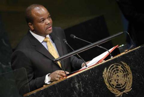 King Mswati III of Swaziland addresses attendees during the 70th session of the United Nations General Assembly at the U.N. headquarters in New York, New York, United States, September 29, 2015. PHOTO BY REUTERS/Carlo Allegri