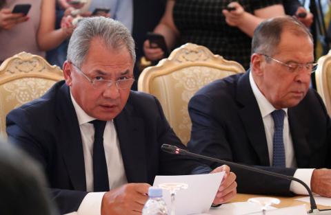 Russian Defence Minister Sergei Shoigu and Foreign Minister Sergei Lavrov attend a meeting with Japanese Foreign Minister Taro Kono and Defense Minister Itsunori Onodera in Moscow, Russia, July 31, 2018. PHOTO BY REUTERS/Maxim Shemetov