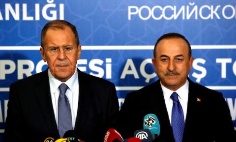 Turkey's Foreign Minister Mevlut Cavusoglu and Russian Foreign Minister Sergei Lavrov attend a news conference in Istanbul, Turkey, January 8, 2020. PHOTO BY REUTERS/Umit Bektas