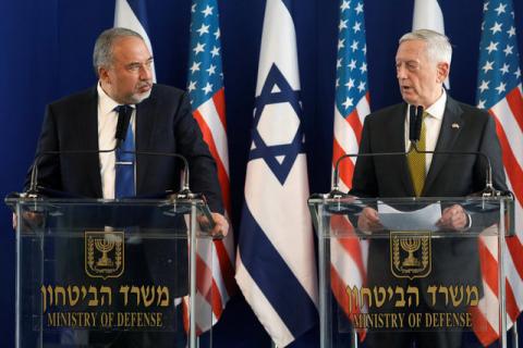 Israel's Minister of Defense Avigdor Lieberman (L) and U.S. Defense Secretary James Mattis hold a joint news conference at the Ministry of Defense in Tel Aviv, Israel, April 21, 2017. PHOTO BY REUTERS/Jonathan Ernst