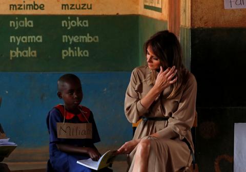 U.S. first lady Melania Trump looks on as she visits a school in Lilongwe, Malawi, October 4, 2018. PHOTO BY REUTERS/Carlo Allegri