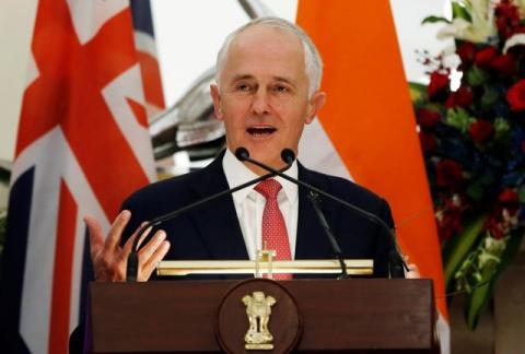 Australia’s Prime Minister Malcolm Turnbull gestures as he reads a joint statement with his Indian counterpart Narendra Modi (unseen) at Hyderabad House in New Delhi, India, April 10, 2017. PHOTO BY REUTERS/Adnan Abidi