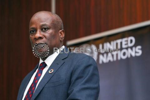 UN Humanitarian Coordinator in Nigeria Edward Kallon speaks during the launch of the 2018 Humanitarian Response Plan (HRP) for north-east Nigeria in Abuja, Nigeria, February 8, 2018. PHOTO BY REUTERS/Afolabi Sotunde