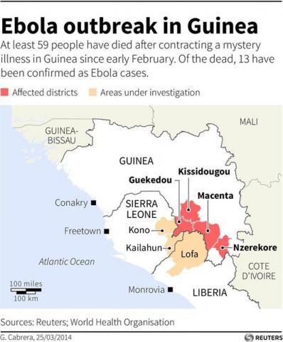 Map of Guinea and neighbouring countries showing the Ebola outbreak-affected provinces.