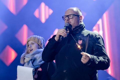 Gdansk's Mayor Pawel Adamowicz speaks during the 27th Grand Finale of the Great Orchestra of Christmas Charity in Gdansk, Poland, January 13, 2019. PHOTO BY REUTERS/Agencja Gazeta/Bartosz Banka