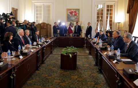 Egyptian Foreign Minister Sameh Shoukry meets with U.S. Secretary of State Rex Tillerson in Cairo, Egypt, February 12, 2018. PHOTO BY REUTERS/Khaled Elfiqi
