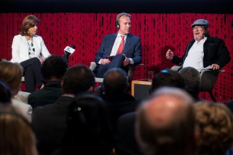 Colombian Foreign Minister Maria Angela Holguin and FARC leader Rodrigo Londono Echeverri, also known as Timoleon Jimenez or Timochenko, meet Norwegian Foreign Minister Borge Brende for a conversation about how they achieved peace after 52 years of armed conflict in Colombia, at Litteraturhuset in Oslo, Norway, June 15, 2017. PHOTO BY REUTERS/NTB Scanpix