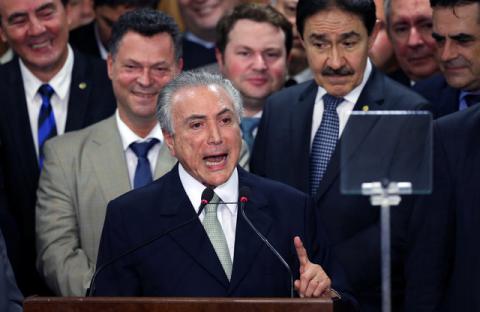 Brazil's interim President Michel Temer addresses the audience during his first public remarks after the Brazilian Senate voted to impeach President Dilma Rousseff at the Planalto Palace in Brasilia, Brazil, May 12, 2016. PHOTO BY REUTERS/Adriano Machado