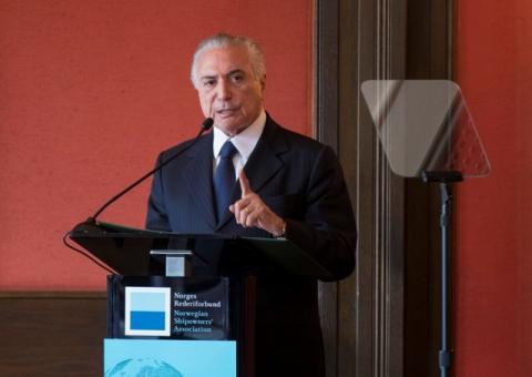 President of Brazil Michel Temer speaks during a visit to Norwegian Shipowners Association in Oslo, Norway, June 22, 2017. PHOTO BY REUTERS/Vidar Ruud/NTB Scanpix