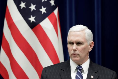 U.S. Vice President Mike Pence speaks during a joint announcement with Japan's Prime Minister Shinzo Abe at Abe's official residence in Tokyo, Japan, February 7, 2018. PHOTO BY REUTERS/ Kiyoshi Ota