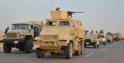 Egyptian Army's Armoured Vehicles are seen on a highway to North Sinai during a launch of a major assault against militants, in Ismailia, Egypt, in this undated handout picture made available by the Ministry of Defense, February 9, 2018. PHOTO BY REUTERS/Ministry of Defence