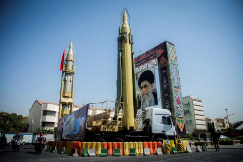 A display featuring missiles and a portrait of Iran's Supreme Leader Ayatollah Ali Khamenei is seen at Baharestan Square in Tehran, Iran, September 27, 2017. PHOTO BY REUTERS/Nazanin Tabatabaee Yazdi/TIMA 