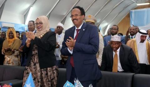 Somalia's newly elected President Mohamed Abdullahi Farmajo and his wife Zeinab Abdi applaud during his inauguration ceremony in Somalia's capital Mogadishu, February 22, 2017. PHOTO BY REUTERS/Feisal Omar