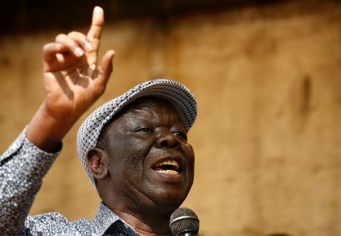 Opposition Movement for Democratic Change leader Morgan Tsvangirai addresses a crowd gathered outside parliament in Harare, Zimbabwe, November 21, 2017. PHOTO BY REUTERS/Mike Hutchings