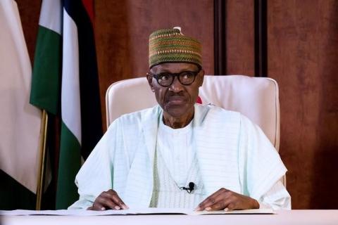 Nigeria's President Muhammadu Buhari delivers the first televised speech since returning home after three months of medical leave in Britain, in Abuja, Nigeria August 21, 2017. PHOTO BY REUTERS/Nigeria Presidency