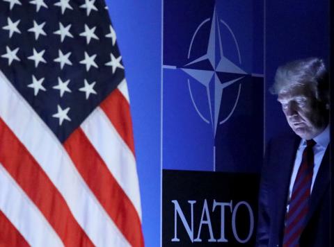 U.S. President Donald Trump arrives to hold a news conference after participating in the NATO Summit in Brussels, Belgium, July 12, 2018. PHOTO BY REUTERS/Reinhard Krause
