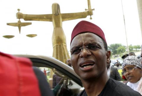Former Nigerian Minister of the Federal Capital Territory Nasir El-Rufai speaks during his appearance at the Federal High court in the capital Abuja