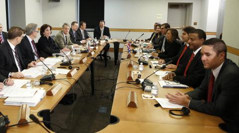 U.S. Assistant Secretary of State for Western Hemisphere Affairs Roberta Jacobson (3rdL), head of the U.S. delegation; and Josefina Vidal (4thR), director general of the U.S. Division of the Ministry of Foreign Affairs and head of the Cuban delegation, meet with their delegations at the State Department in Washington, February 27, 2015. PHOTO BY REUTERS/Gary Cameron