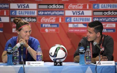 Canada goalkeeper Erin McLeod (left) and head coach John Herdman answer questions during a press conference the day before the first game of the FIFA women's soccer World Cup games at Commonwealth Stadium between Canada and China, June 5, 2015. PHOTO BY USA TODAY Sports/Erich Schlegel