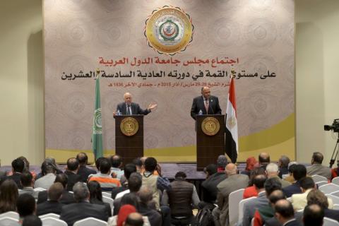 Egypt's Foreign Minister Sameh Shoukry (R) and Secretary General of the Arab League Nabil Arabi answer questions from journalists during a news conference after the Council of the League of Arab States at the summit level meeting in Sharm El-Sheikh, March 26, 2015. PHOTO BY REUTERS/Mohamed El-Shahed