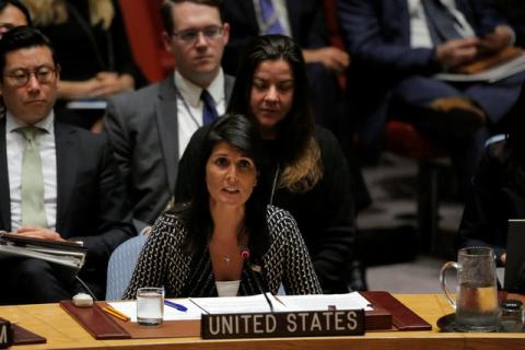 U.S. Ambassador to the United Nations Nikki Haley delivers remarks during a meeting by the United Nations Security Council at the U.N. headquarters in New York City, U.S., August 29, 2017. PHOTO BY REUTERS/Andrew Kelly