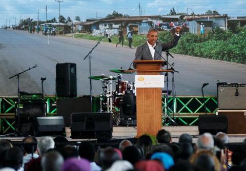 Former U.S. President Barack Obama addresses delegates during the launch of Sauti Kuu resource centre near his ancestral home in Nyangoma Kogelo village in Siaya county, Kenya, July 16, 2018. PHOTO BY REUTERS/Thomas Mukoya