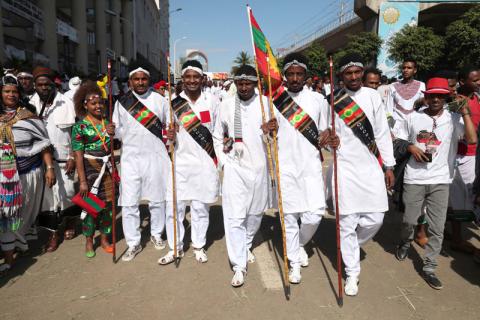 Ethiopian men dressed in traditional costumes take part in the Irreecha celebration, the Oromo People thanksgiving ceremony in Addis Ababa, Ethiopia, October 5, 2019. PHOTO BY REUTERS/Tiksa Negeri