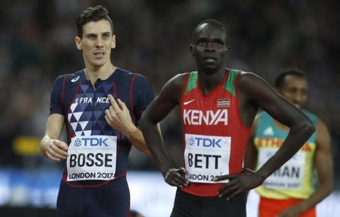 Pierre-Ambroise Bosse of France and Kipyegon Bett of Kenya react after the race. PHOTO BY REUTERS/Phil Noble