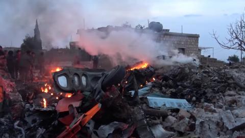 The scene shows, what according to Syrian rebels were fires caused by Russian military plane shot down by rebel forces near Idlib, Syria, reportedly on February 3, 2018 in this still image obtained from social media. PHOTO BY REUTERS