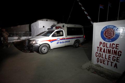 A police truck is seen at a gate to the Police Training Center after an attack on the center in Quetta, Pakistan ,October 25, 2016. PHOTO BY REUTERS/Naseer Ahmed